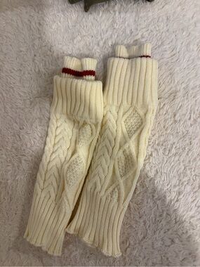 NWOT Cream Cable Knit Leg Warmers with Red Stripe
